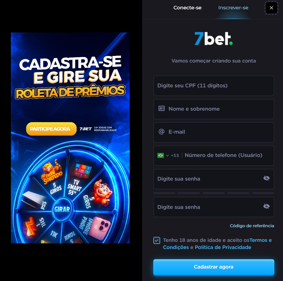 7Bet registration modal with prize wheel promo and sign-up form